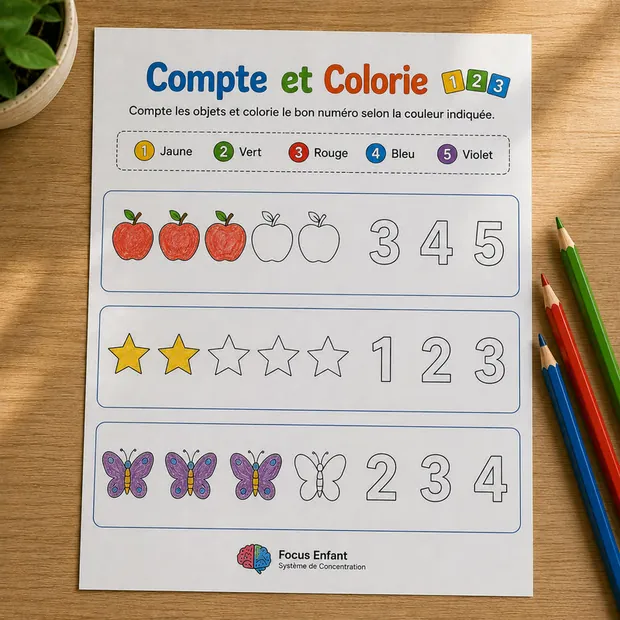 Fiche d'activité Compte et Colorie imprimable avec des pommes, des étoiles et des papillons à compter puis colorier selon le code de couleurs indiqué