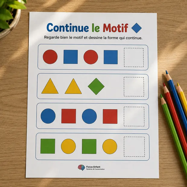 Fiche d'activité Continue le Motif imprimable avec des suites de formes géométriques colorées à compléter, entourée de crayons de couleur