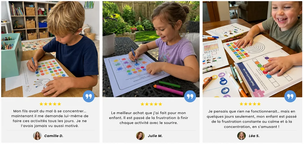 Trois avis de parents avec photo : Camille D. dont le fils avait du mal à se concentrer et demande maintenant lui-même à faire les activités ; Julie M. pour qui c'est le meilleur achat fait pour son enfant ; Léa S. dont l'enfant est passé de la frustration constante au calme et à la concentration