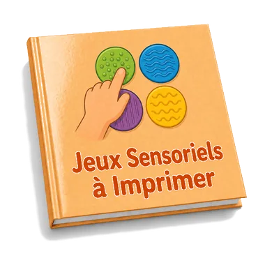 Couverture du bonus Jeux Sensoriels à Imprimer : livre orange illustré d'une main qui touche des pastilles texturées de couleur