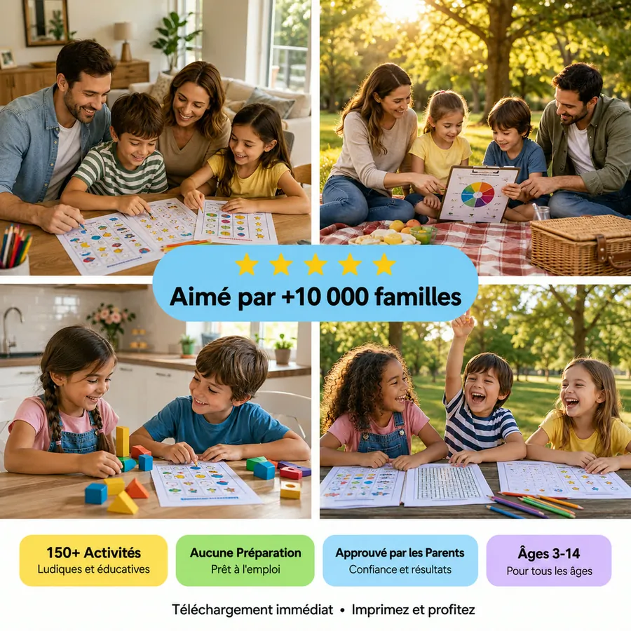Quatre familles utilisant les activités FocusEnfant : parents et enfants qui complètent des fiches imprimables au salon, en pique-nique au parc et dans la cuisine. Aimé par plus de 10 000 familles, 150+ activités, aucune préparation, approuvé par les parents, âges 3-14